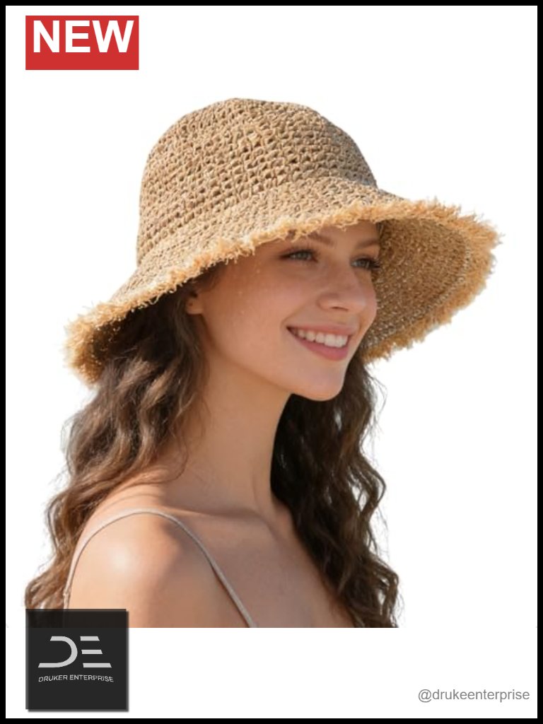 Straw Bucket Sun Hat, Packable Floppy Wide Brim Beach Hat With Adjustable
